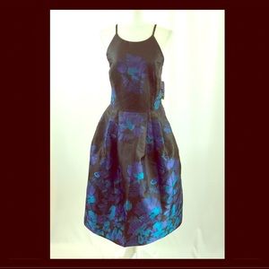 Halter dress black w/blue and purple flowers (167)